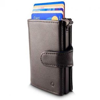 Cartera Qokle con bloqueo RFID para hombres | Con Tarjetero Duro | Eyector de tarjeta | Premium Cuero Genuino | Diseño Delgado con Bolsillo para las Monedas | La cartera más Completa