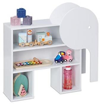 Estantería Infantil Elefante, 4 Baldas, 60,5 x 64,5 x 20,5 cm, Librería y Organizador de Juguetes, Blanco - Relaxdays