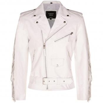 Infinity Leather White XL Fringed Biker Jacket
