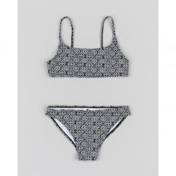 Bikini de niña Losan con estampado geométrico bicolor y croque bañador playa negro