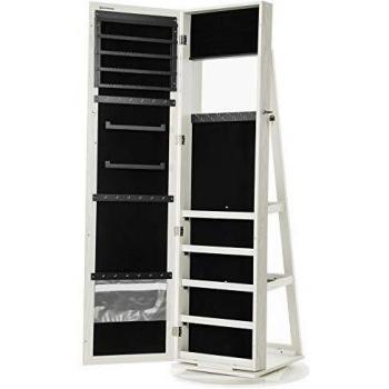 SONGMICS Armario para Joyas, Armario Joyero, Espejo Joyero Giratorio de 360°, Estantería de Almacenamiento Posterior, Bloqueable, Espejo Pequeño Incorporado, Blanco Madera JBC62W