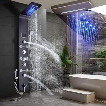 JUNSHENG LED Panel de Ducha de Acero Inoxidable Columna con Pantalla LCD para Baño de Hidromasaje Ducha Moderna 5 Función Cascada Ducha Sistema de Torre de Panel de Ducha de Negro