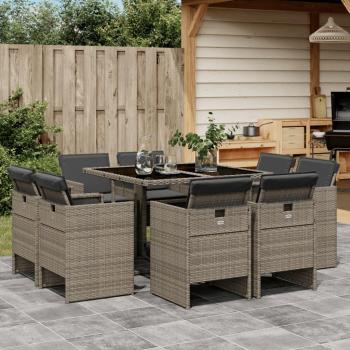 Set de almuerzo de jardín de 9 piezas con cojines de polyrattan gris