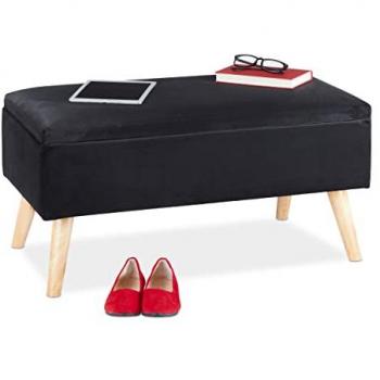 Baúl de Almacenamiento Acolchado en Terciopelo Negro con Patas de Madera, Capacidad 40L, Dimensiones 41x80x40 cm
