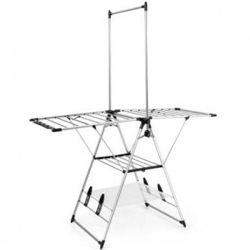 Adjustable Height Clothes Drying Rack with 6 Levels, Costway 2-Layer Gray Metal Free Standing Foldable Design, Hanging Bar, and 2 Height-Adjustable Wings