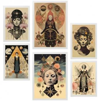 Set de 6 Pósters Collage Surrealista Femenino Estilo Esotérico Místico para Decoración de Paredes en Tamaños A3 y A4 Sin Marco