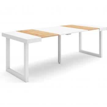 Mesa Consola Extensible 220 cm, para 10 Comensales, Patas de Madera Maciza, Estilo Moderno en Roble y Blanco