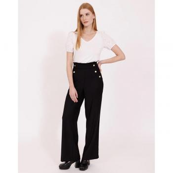 Pantalón recto de mujer de tiro alto con botones dorados
