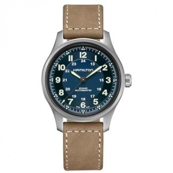 Hamilton Khaki Field Titanium Automatic Watch with Blue Dial and Brown Leather Strap, 42mm