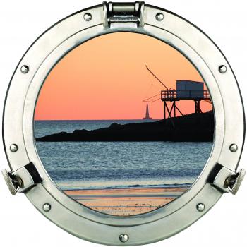Sticker mural 3D decorativo de atardecer con casa sobre pilotis y faro, 60x75cm