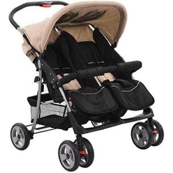 vidaXL Cochecito para Gemelos Acero Gris Taupe/Negro Accesorios Bebés Mellizos Ajustable Transporte Ligero Versátil Compacto Práctico Cómodo Plegable
