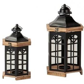 Set de 2 Faroles de Madera Marrón - Complemento Decorativo para el Hogar (30x26x53 cm y 20x17x35 cm)
