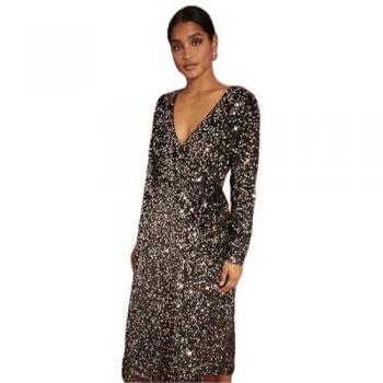 Bronze Velvet Sequin Wrap Midi Dress for Women - Size 8 UK