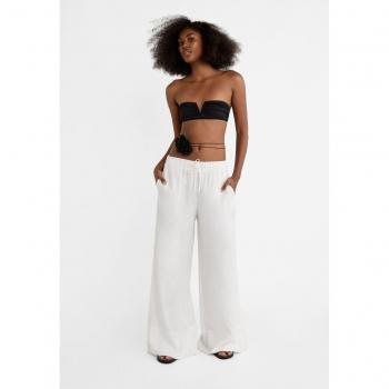 Ecru Wide-Leg Linen Blend Trousers with Elastic Waistband XS