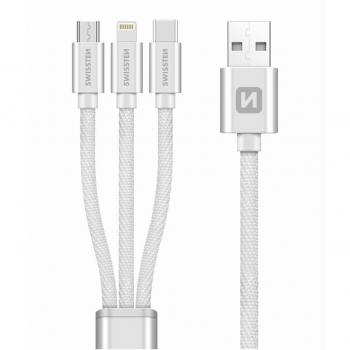 Cable de datos textil 3 en 1 Swissten 1.2 m USB A, USB C/micro-USB B, Lightning color plata