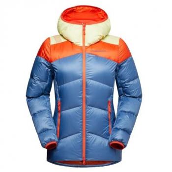 Chaqueta de mujer La Sportiva Nature Down con capucha, colores azul oscuro, naranja y amarillo - Talla M