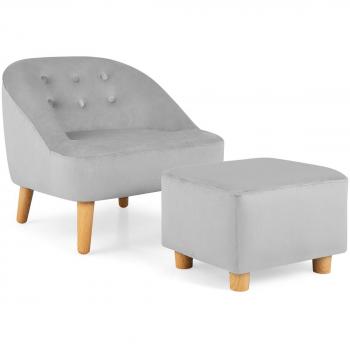 Grey Velvet Upholstered Kids' Sofa Chair with Ottoman