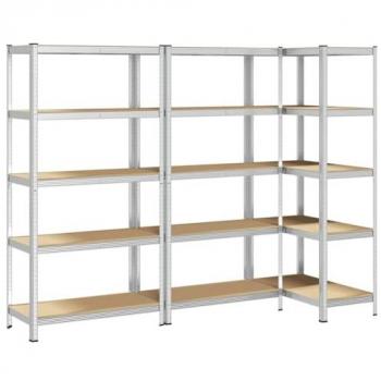 Estantes de almacenamiento de 5 niveles, 3 unidades, acero plateado y madera compuesta