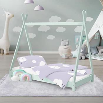 Cama Infantil Tipi Menta 70x140 cm de Madera de Pino con Somier y Estructura en Forma de Casa