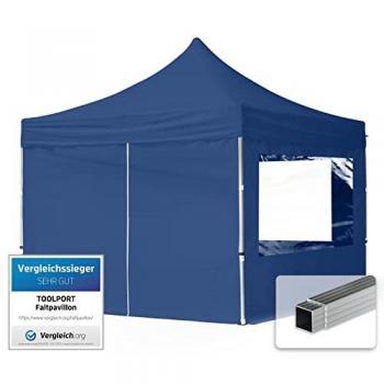 Carpa Plegable Toolport 3x3m con estructura de aluminio, laterales con ventanas panorámicas y tela repelente al agua, color azul