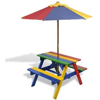 vidaXL Mesa de Picnic con Bancos para Niños con Sombrilla Colores del Arcoiris