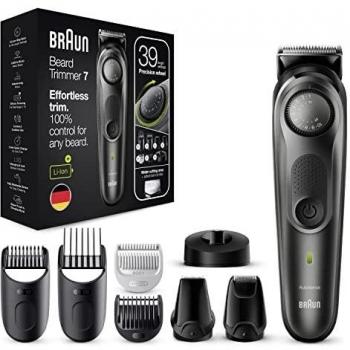 Recortadora de Barba Braun Series 7 BT7350, Cortapelos Hombre con 39 Ajustes de Longitud y 6 Accesorios, Ideal para Cara y Barba, Negro/Gris Metalizado