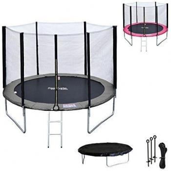 Pack Premium Cama Elástica 305cm Reversible Gris/Rosa ADELAÏDE con Red de Seguridad, Escalera, Funda y Kit de Anclaje