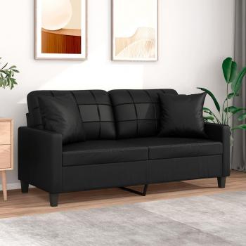 140 cm Black Faux Leather 2-Seater Sofa with Throw Pillows