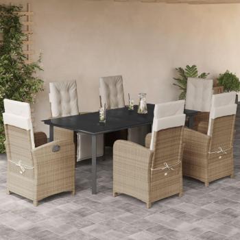 7-Piece Beige Poly Rattan Garden Dining Set with Cushions