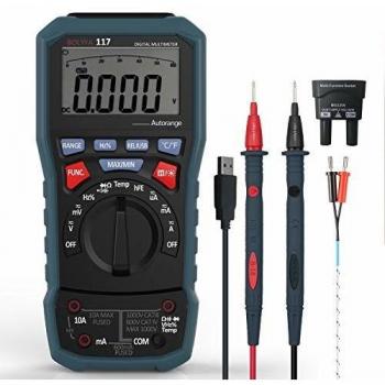 Multímetro Digital, BOLYFA USB Multímetro Profesional, TRMS Avanzado 6000 Puntos/Amperímetro/Voltímetro/Ohmímetro/Retroiluminación de la Pantalla LCD/Medición de Temperatura/Frecuencia/Continuidad