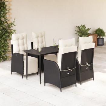 5-Piece Black Poly Rattan Garden Dining Set with Cushions