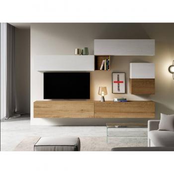 Soporte de TV modular suspendido diseño blanco y natural Lina L 308 cm - 7 piezas