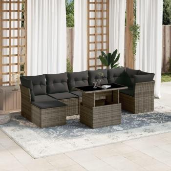 8-Piece Grey Poly Rattan Garden Sofa Set with Cushions