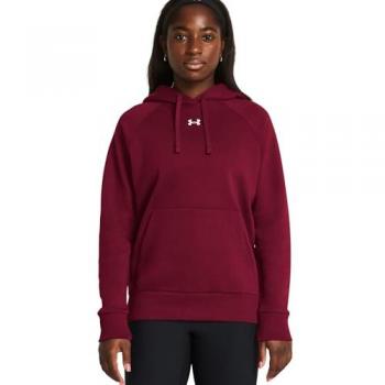 Sudadera Under Armour Rival Fleece Hoodie Roja para Mujer, tipo casual, con tejido de felpa suave, capucha ajustable, bolsillo frontal tipo canguro y diseño moderno