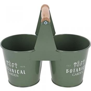 Macetero doble con asa de chapa verde, para 2 macetas, dimensiones 23x11cm