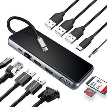 Miden Hub USB C, 12 en 1 Adaptador USB C con Triple Display Dual HDMI 4K,VGA, 100Mbps Ethernet, 3 Puertos USB, PD, Lector Tarjeta SD/TF USB C Hub para Mac, XPS y Tipo C Dispositivos