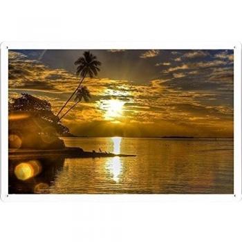 Metal cartel Cartel de chapa Hojalata sesión Sun Sunset Reflections Palm Island Bungalow 48021 Retro Vintage Pared Decoración by hamgaacaan