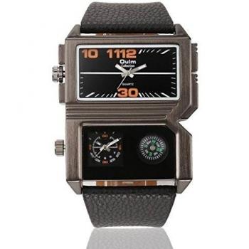 pkaty Hombres del Tonneau forma Dual tiempo zona piel sintética analógico muñeca relojes de cuarzo con compass-black
