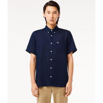 Lacoste Men's Regular Fit Blue Linen Short Sleeve Shirt Size 5XL