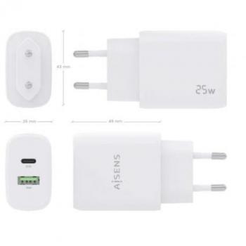 Cargador de Pared Aisens 25W - 1xUSB-C PD3.0 - 1xUSB-A QC3.0 - Color Blanco