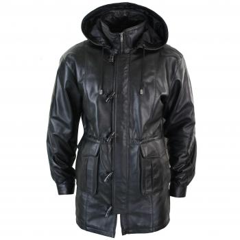 Long Leather Duffle Safari Coat with Detachable Hood - Classic Black XL