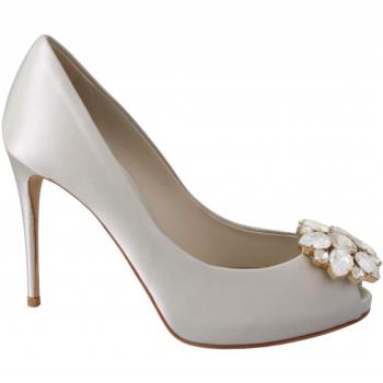 Dolce & Gabbana White Crystals Peep Toe Heels Satin Pumps Shoes - EU36/US5.5
