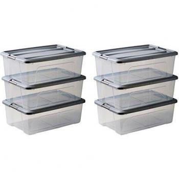 Juego de 6 cajas de almacenamiento Amazon Basics, 30 L con cierre a presión, Iris Ohyama - 6 Cajas de almacenamiento con tapas, 30L, Plata, Clips de Cierre, Duradero, Apilable,