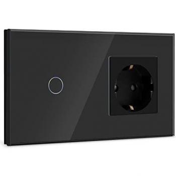 BSEED Interruptor con Enchufe,1 Gang 1 Vía Interruptor de Luz con Enchufe de pared,Nergo Interruptor tactil de Luz pared con indicador LED,enchufes de extensión con panel de vidrio templado 500W