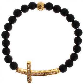 Matte Black Onyx Gold CZ Cross 925 Silver XS Bracelet