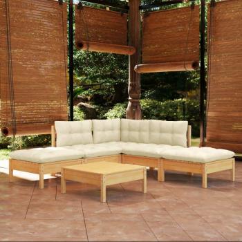 6-Piece Pinewood Garden Lounge Set with Cream Cushions