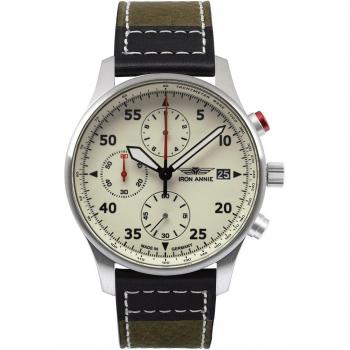 Iron Annie F13 Tempelhof Chronograph Men's Watch with Leather Strap, Beige Dial, Quartz Movement, Water Resistant up to 100M, Model 56705