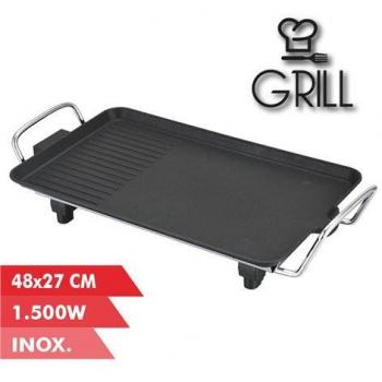Muvip Plancha de Asar Electrica 1500W con Superficie de Cocina Lisa y Grill, Placa Antiadherente y Asas Tacto Frío - Termostato Extraíble - Dimensiones de 48x27cm