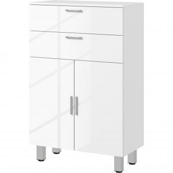 Mueble Auxiliar Baño Moderno con 2 Cajones Armario y Estantes Ajustables Antivuelco Carga 35 kg 60x30x93 cm Blanco Brillante