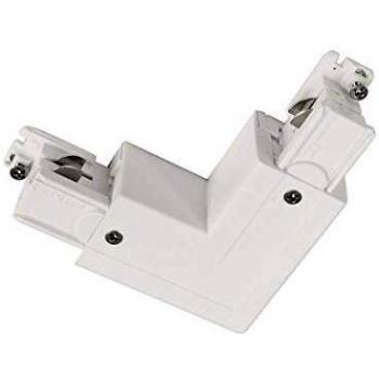 Conector de esquina 90° para sistema de rieles trifásico con mecanismo intercambiable, color blanco
